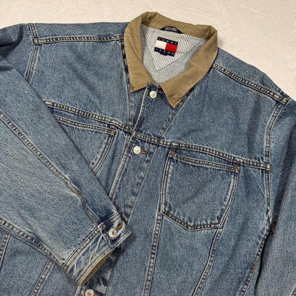 Vintage Tommy Jeans Jacket Mens 2XL Blue Denim Tan Collar Crest Patch 90s